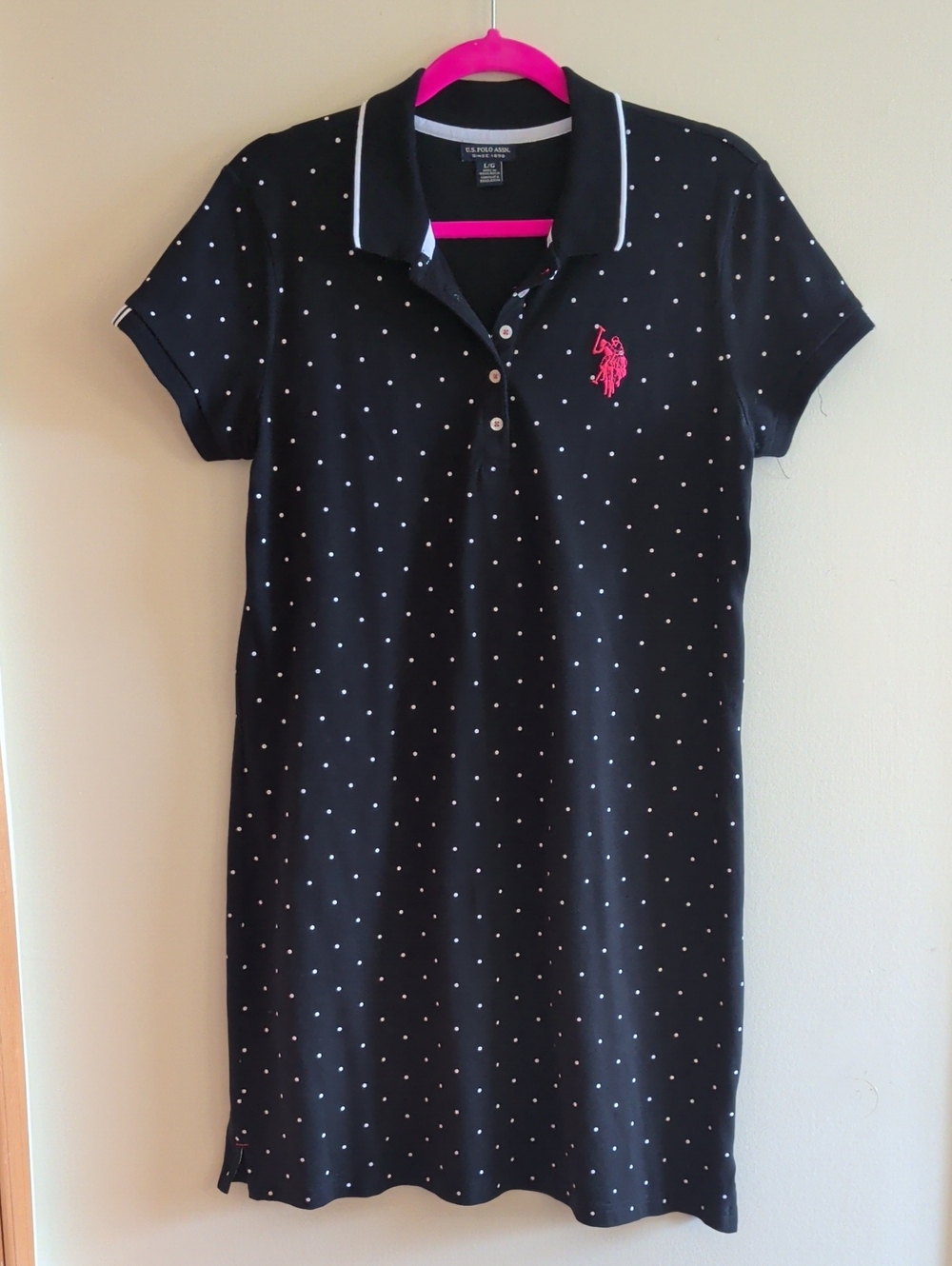 🆕 Polo Ralph Lauren T-Shirt Dress, Black White Polka Dots & Hot Pink Trim, Sz L